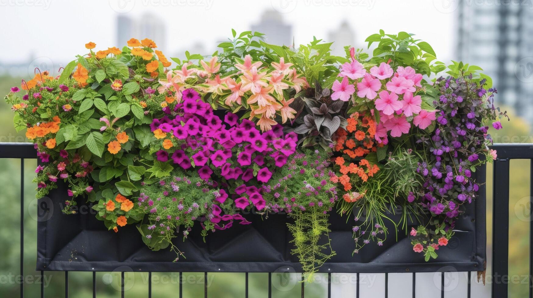 een verticaal tuin Aan een balkon traliewerk presentatie van een verscheidenheid van kleurrijk bloemen en groen toevoegen een knal van leven en kleur naar de stadsgezicht foto