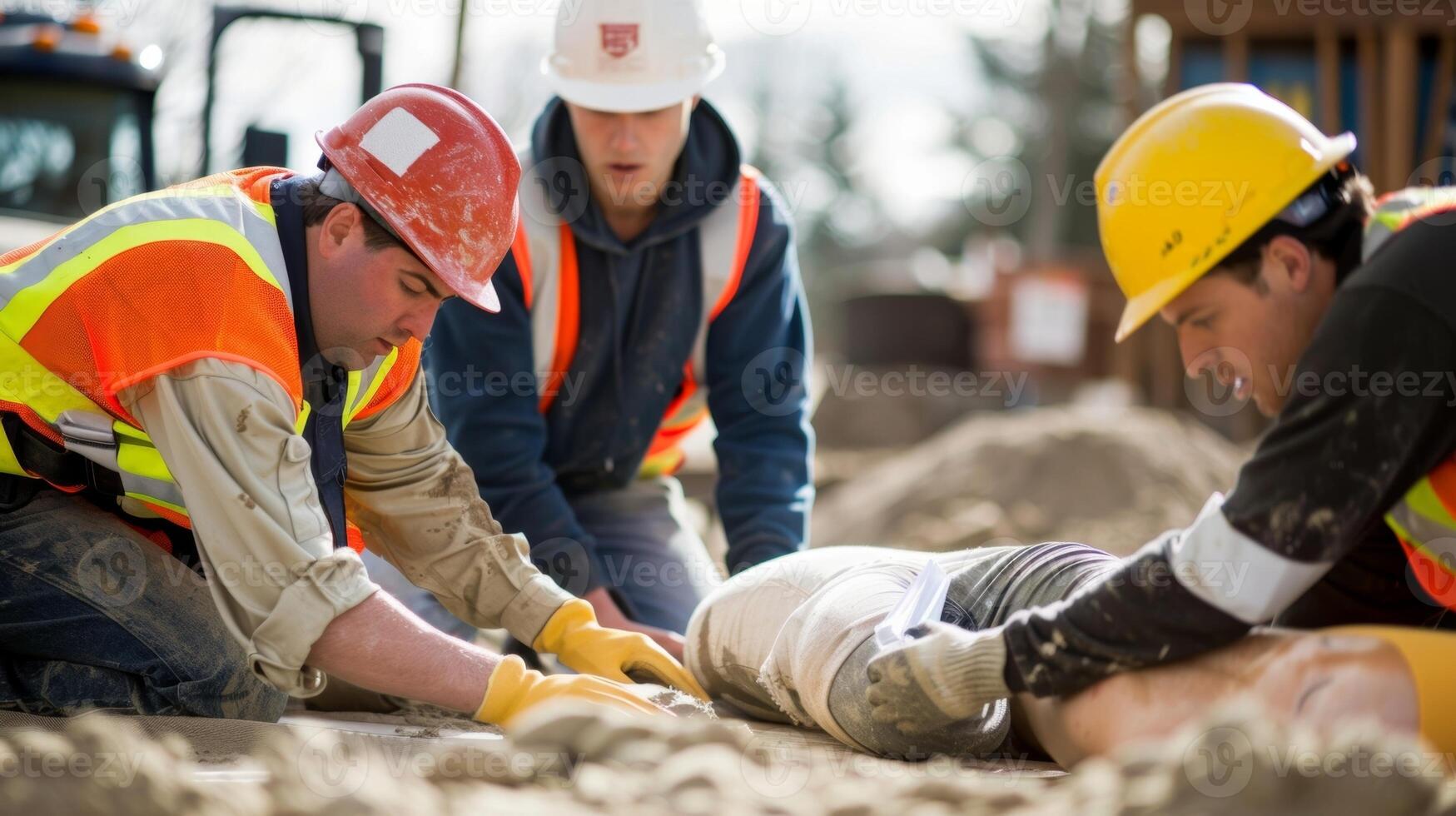 een bouw arbeider demonstreren cpr technieken naar hun collega's gedurende een plaats eerste steun opleiding foto