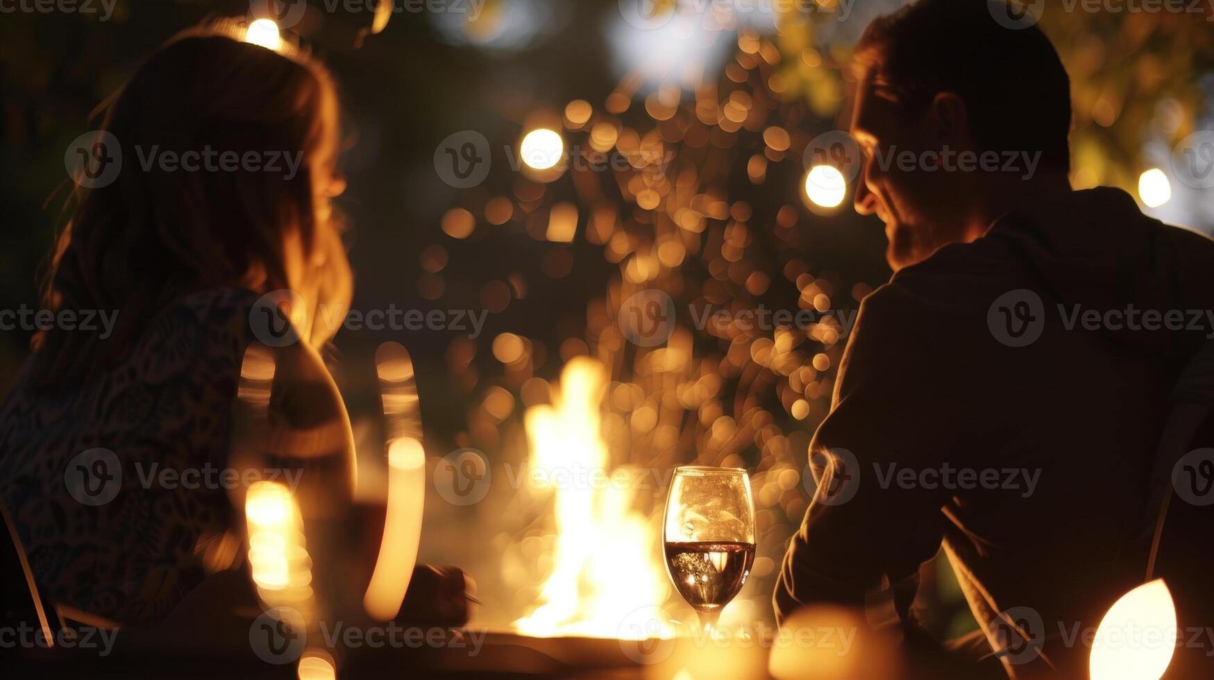 de geur van houtrook vult de lucht net zo de knetteren brand dansen in voorkant van de paar genieten van hun picknick. 2d vlak tekenfilm foto