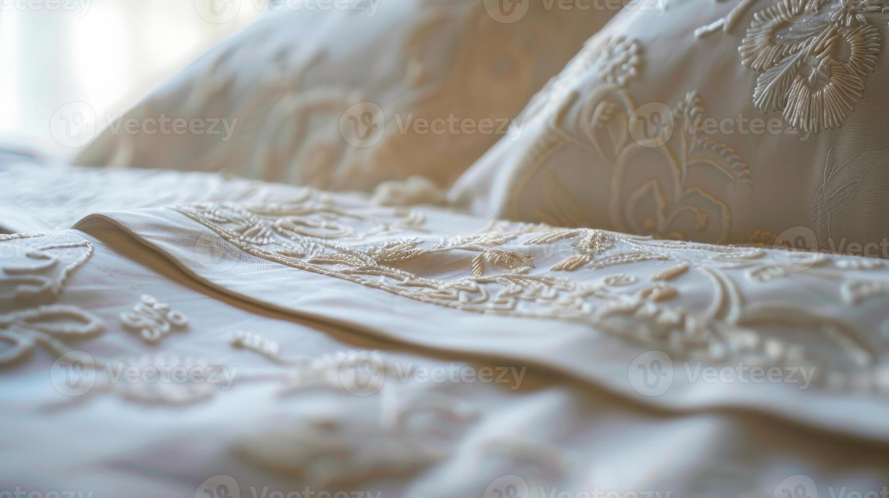 elegant wit geborduurd bed linnen met delicaat patronen, geschikt voor bruiloft registers en luxe huis decor thema's foto