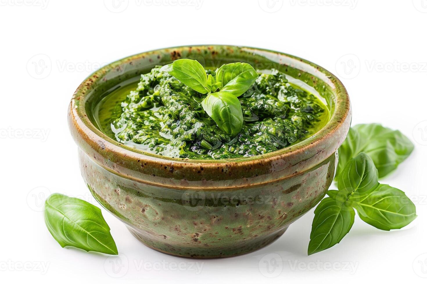 vers pesto saus in een klein keramisch schaal, rijk groen kleur, geïsoleerd Aan een wit achtergrond foto
