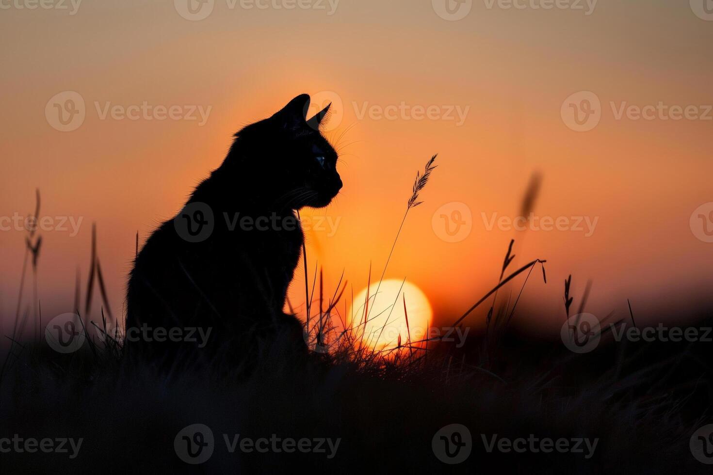 silhouet van een kat Bij zonsondergang, sereen en majestueus, vieren de schoonheid van katten Aan hun speciaal dag foto