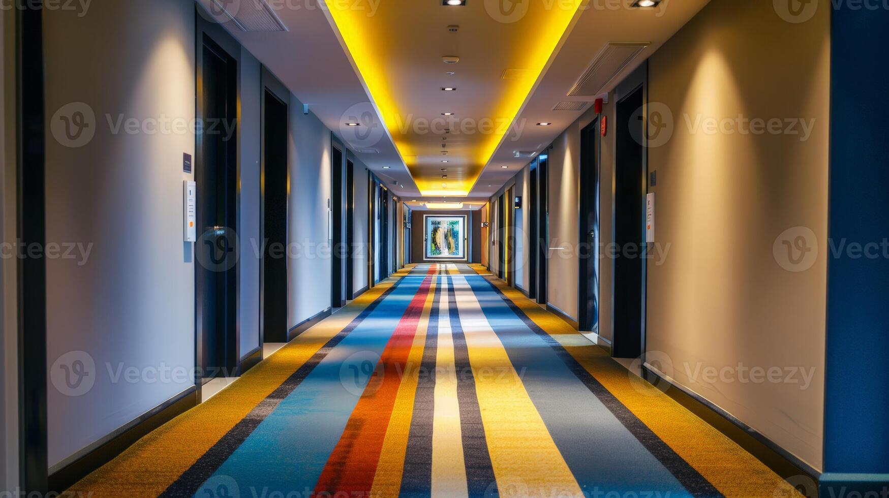 modern hotel gang met levendig gestreept tapijt en verlichte plafond, geschikt voor concepten zo net zo reis, accommodatie, en architectuur foto