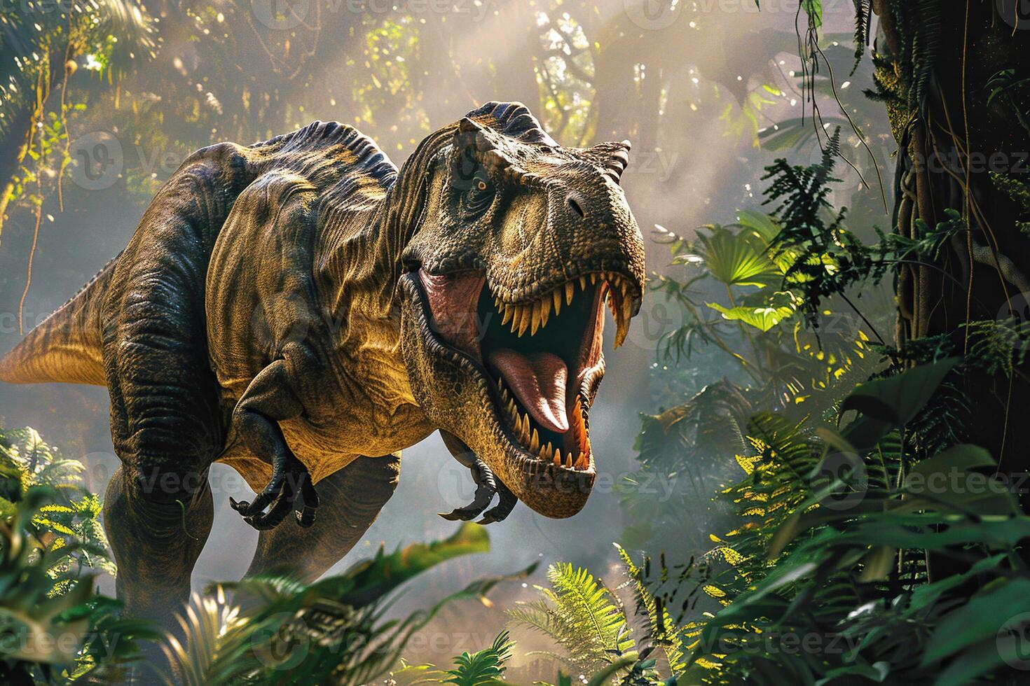 groot eng hongerig dinosaurus met soort ogen en scherp tanden vernietigen park foto
