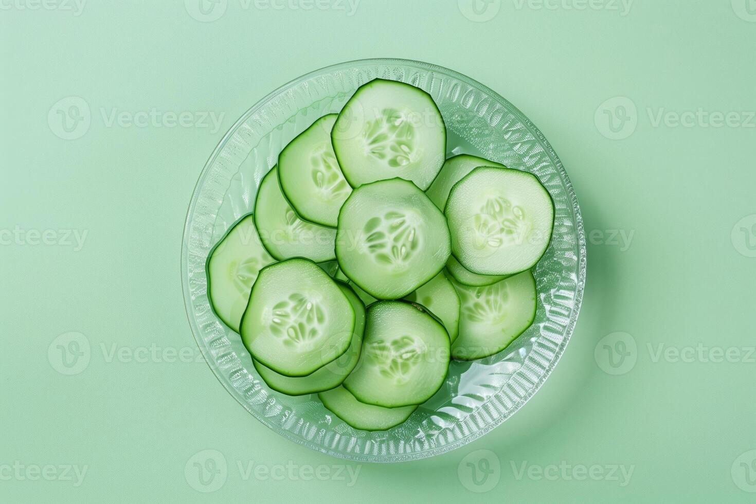 gesneden komkommer Aan glas bord geïsoleerd Aan een licht groen helling achtergrond foto