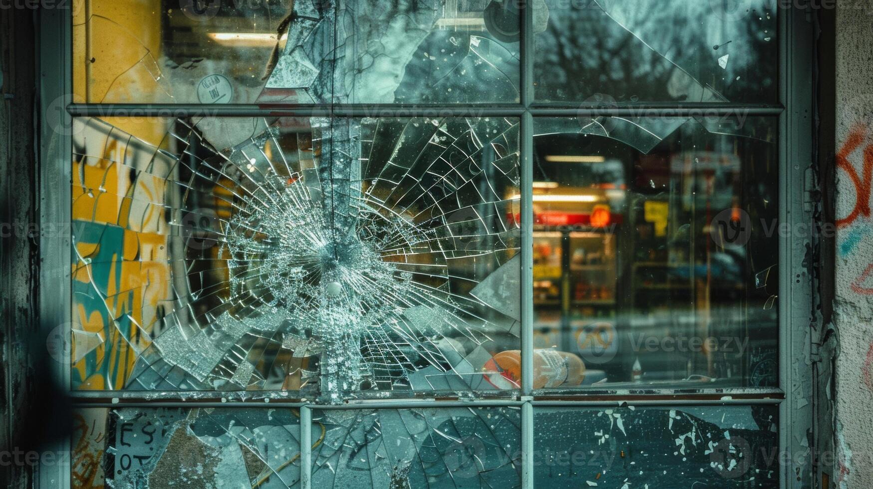 gebroken venster van een vernield winkelpui foto