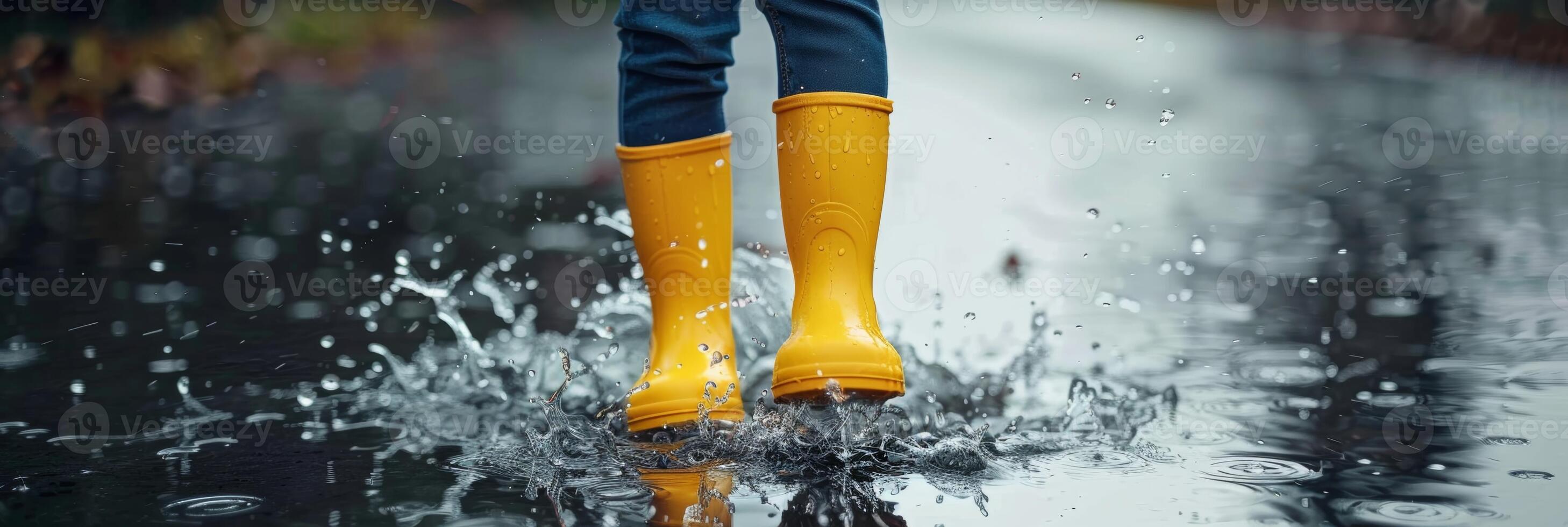 kind blij spatten in een plas vervelend helder geel regen laarzen, regenachtig dag pret , leeg ruimte voor tekst foto