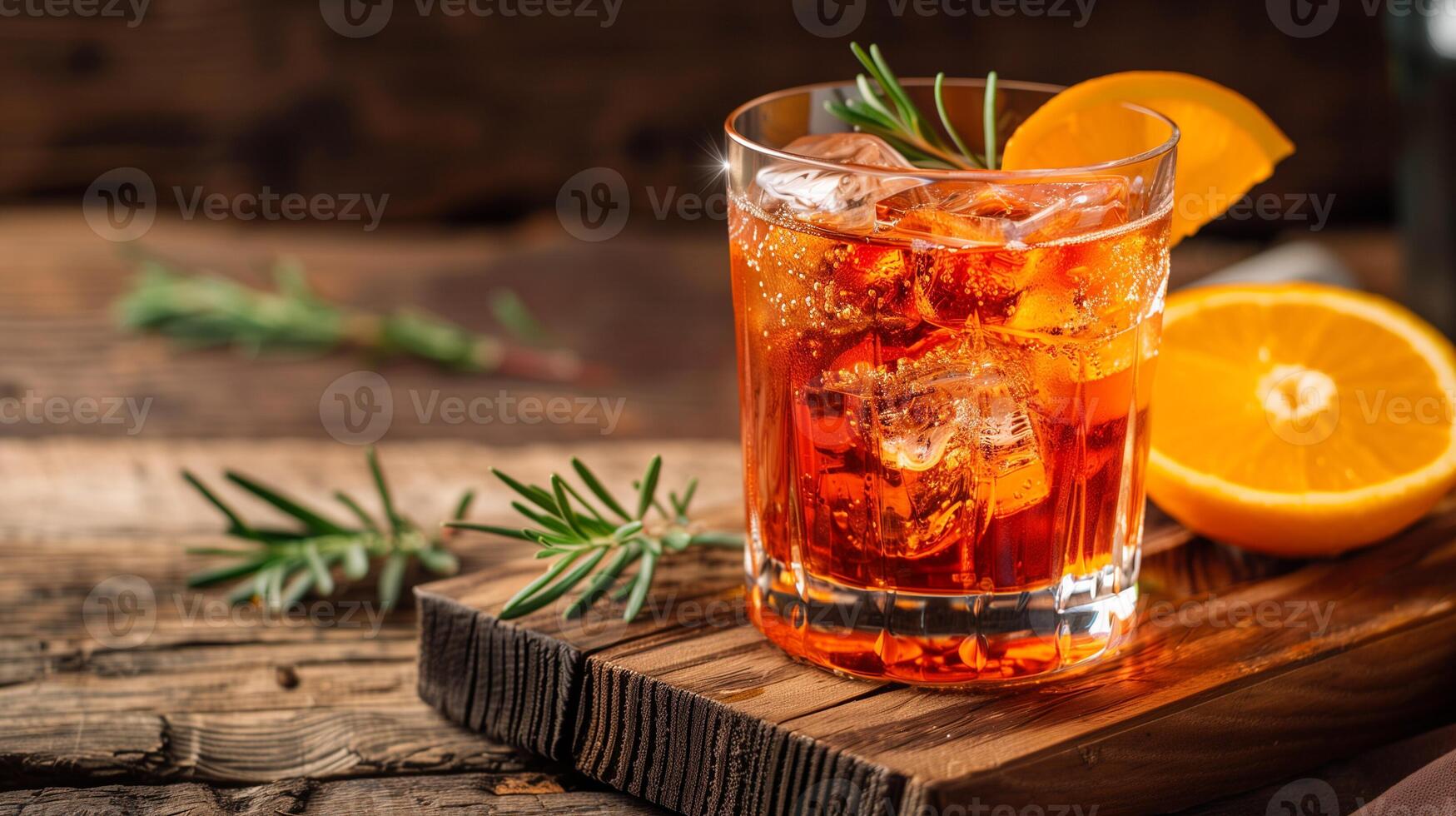 aromatisch oranje aperitief met ijs en rozemarijn garneer Aan rustiek houten achtergrond, ideaal voor zomer avonden en cocktail partijen foto