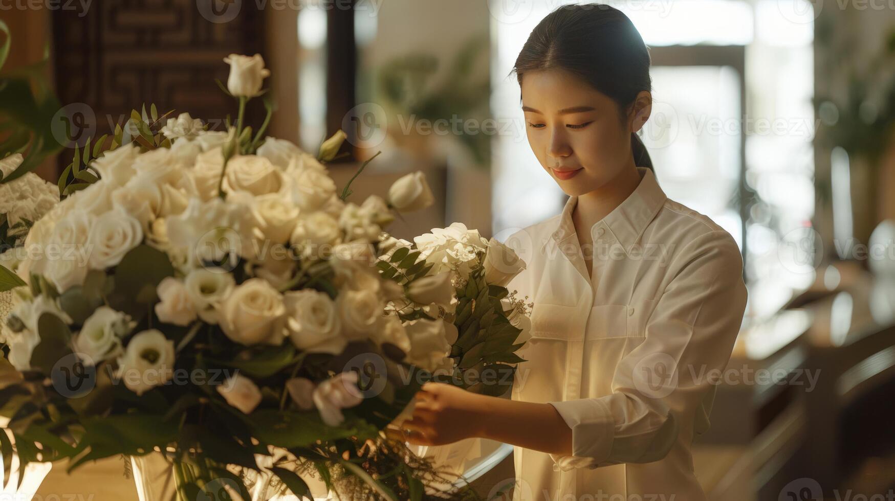 oosten- Aziatisch bloemist regelen van een wit bloemen boeket, symboliseert vrede en elegantie, perfect voor bruiloften en moeders dag foto