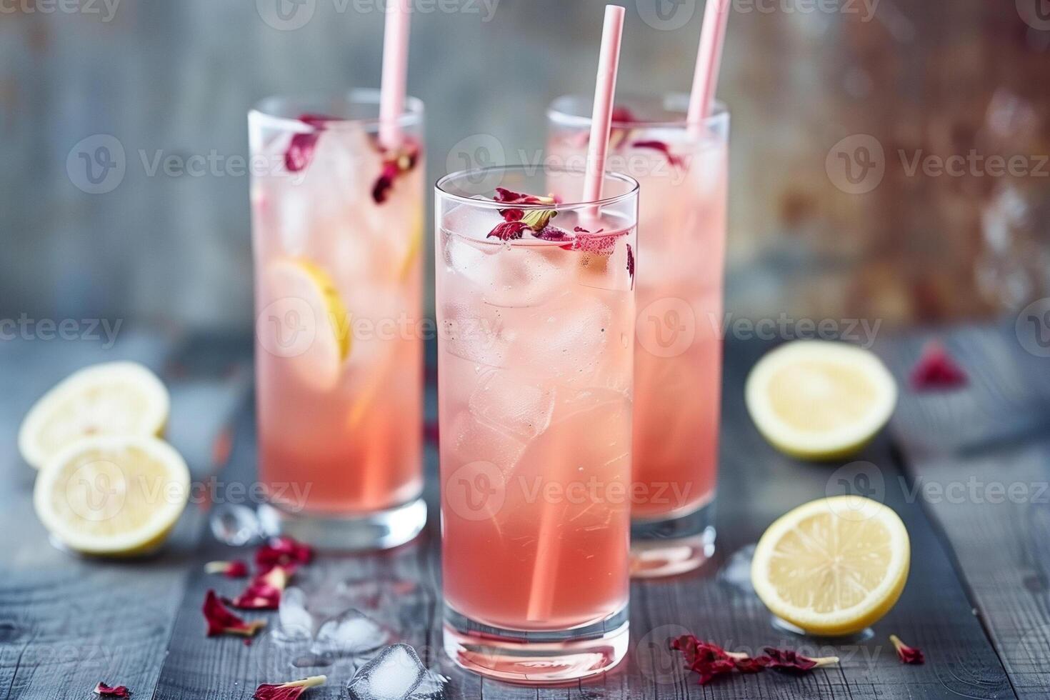 verfrissend roze limonade in hoog bril met ijs, rietjes, en citroen garneer Aan een rustiek houten tafel, perfect voor zomer partijen of heet dagen foto