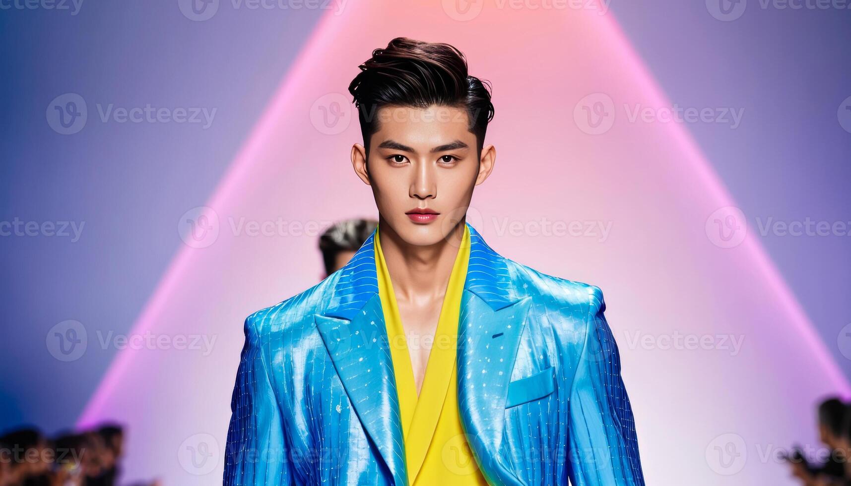 zelfverzekerd Aziatisch mannetje model- wandelen Aan mode tonen landingsbaan, vervelend levendig blauw jasje over- geel bovenkant, met neon lichten in achtergrond verwant naar mode week, stijl trends foto