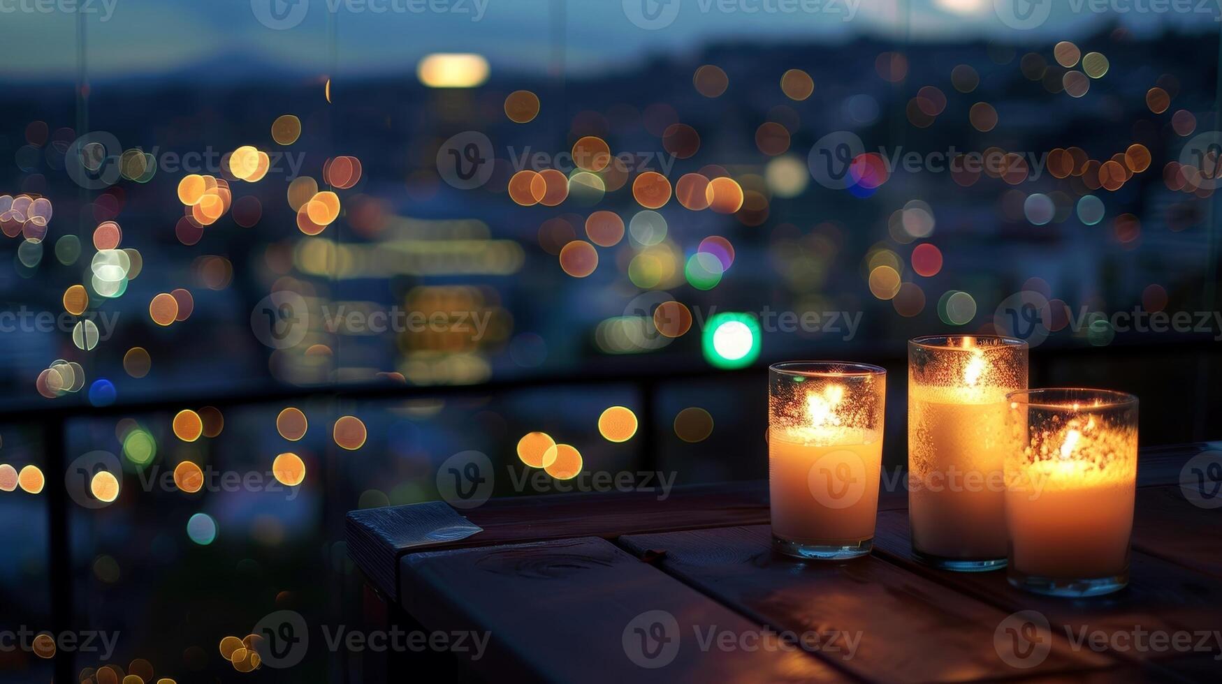 de stad lichten hieronder worden een ver weg vervagen net zo de op het dak is verbruikt met de intiem verlichting van de kaarsen. 2d vlak tekenfilm foto