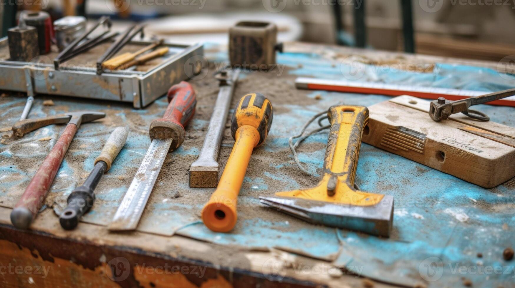 klemmen beitels en niveaus leggen geteerd Aan een zeildoek gereedschap van de handel klaar voor actie net zo een diy liefhebber bereidt zich voor naar Onderscheppen een badkamer verbouwen foto