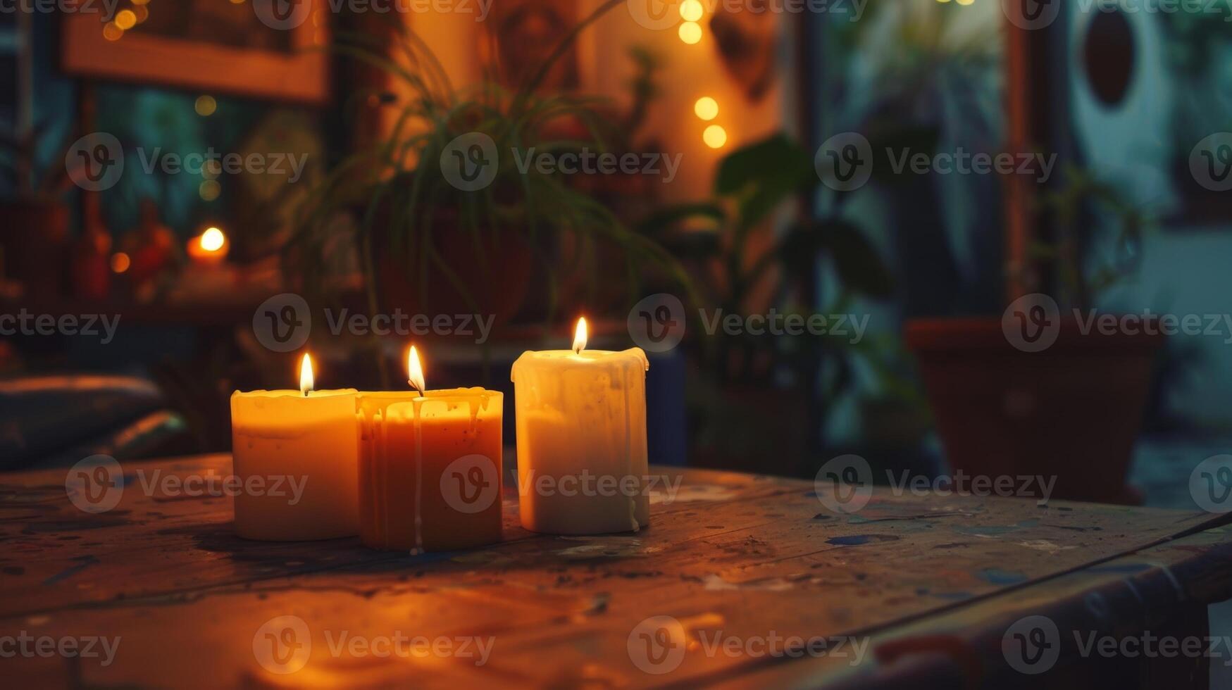 de teder knetteren van de kaarsen toegevoegd een geruststellend achtergrond lawaai net zo artiesten gefocust Aan hun creaties verloren in de rustgevend atmosfeer van de tuin studio. 2d vlak tekenfilm foto