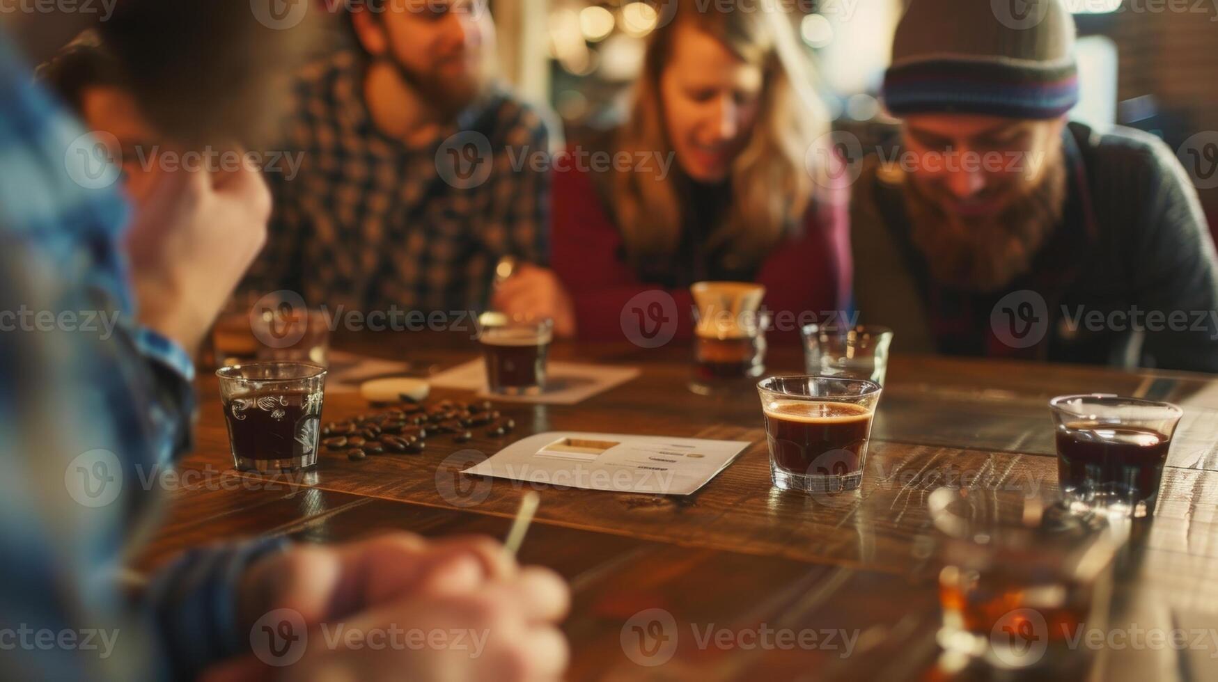 een groep van vrienden gretig vergelijken aantekeningen Aan hun koffie proeverij reis verwondering Bij de uniek smaak profielen van elk eiland brouwen foto