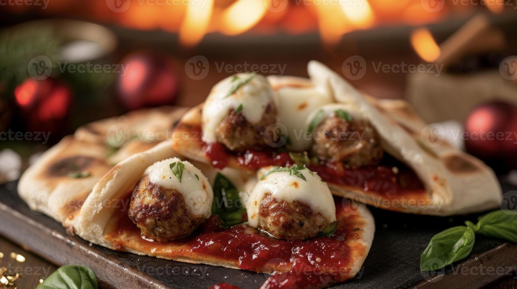 stap in een winter wonderland met deze feestelijk haard pita zakken b met zoet veenbes saus hartig kalkoen gehaktballen en smeltend Mozzarella kaas. de flikkeren vlam foto