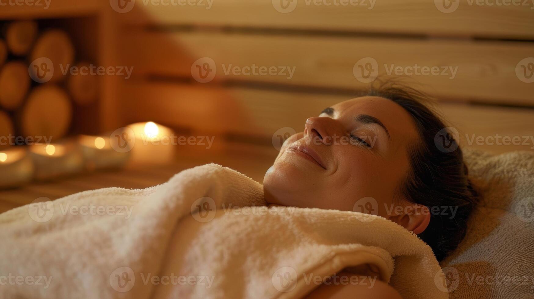 een persoon houdende naar beneden Aan een handdoek binnen een sauna met een glimlach Aan hun gezicht en een kijken van rust nemen voordeel van de sauna's vermogen naar verminderen spanning en promoten een gezond hart. foto