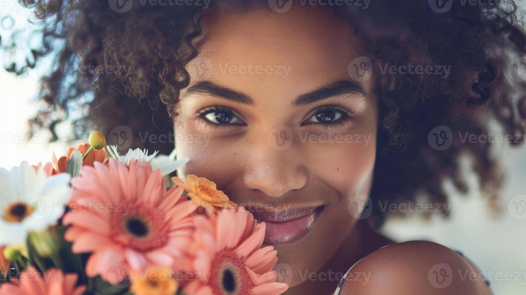een vrouw Holding een boeket van bloemen haar gezicht stralend met trots net zo ze accepteert een prijs voor bereiken 10 jaren van soberheid foto