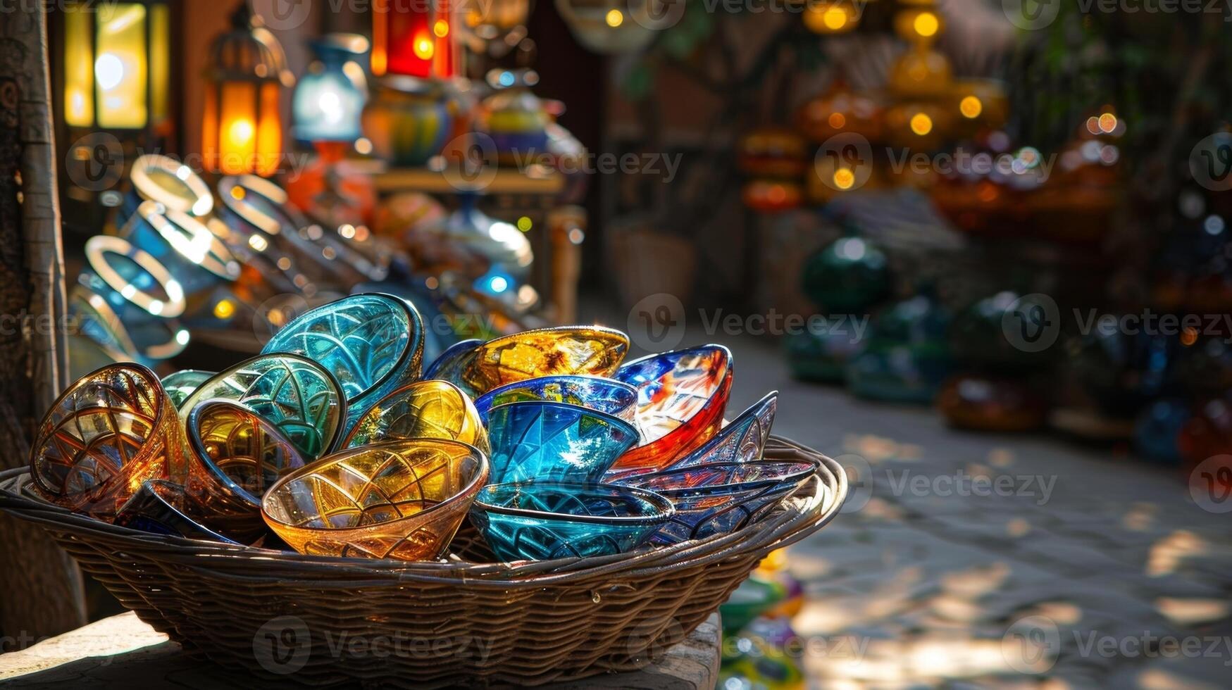 een mand van kleurrijk glas stukken klaar naar worden afgewerkt zit in de buurt de Ingang vangen de licht van de lantaarns. 2d vlak tekenfilm foto