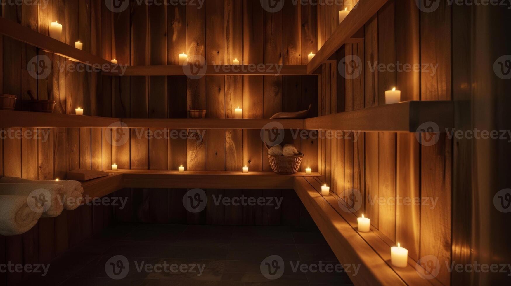 een vaag lit sauna kamer met klein kaarsen flikkeren Aan de schappen en muren instelling een rustgevend sfeer voor een stress-vrij toevluchtsoord. foto