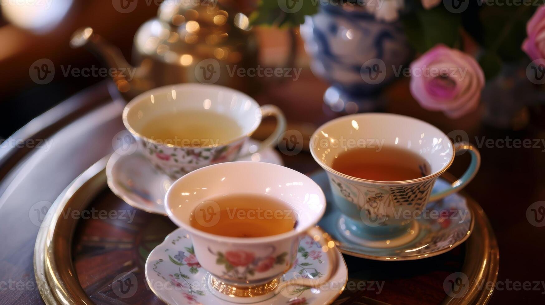 een trio van theekopjes gevulde met verschillend mengsels van thee uitnodigend gasten naar monster en Ontdek hun nieuw favoriete Bij een high tea middag foto