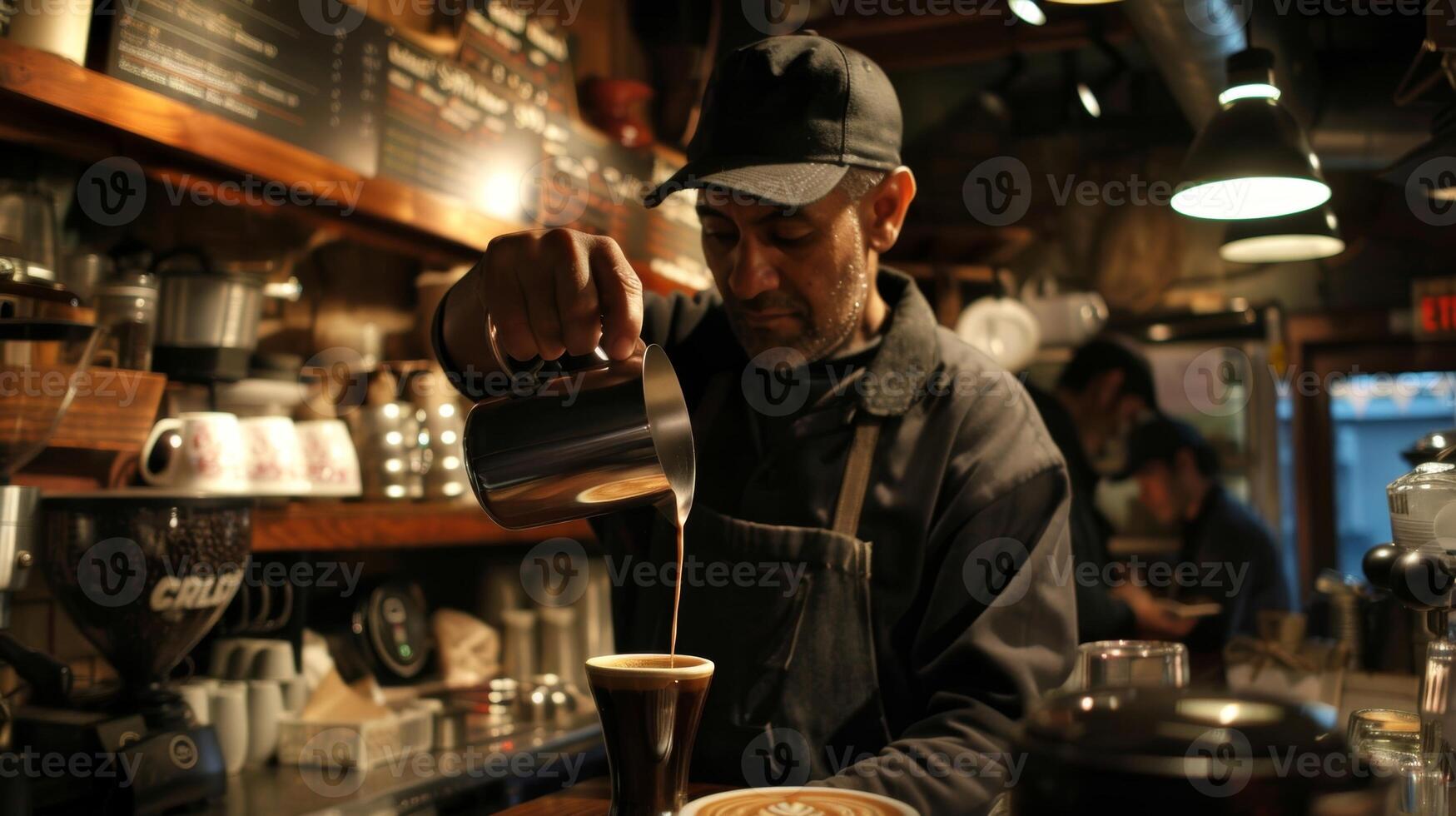 de geur van vers gebrouwen koffie vult de lucht net zo een barista vakkundig giet latte kunst Aan een kop zijn koffie winkel een populair plek voor bezoekers op zoek naar een s avonds laat cafeïne fix foto