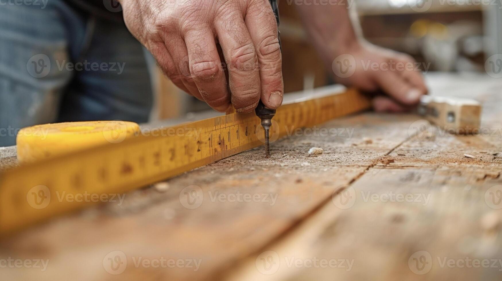 een detailopname van een hand- Holding een plakband meten markeren de belang van voorzichtig metingen en aandacht naar detail in huis vernieuwing projecten foto