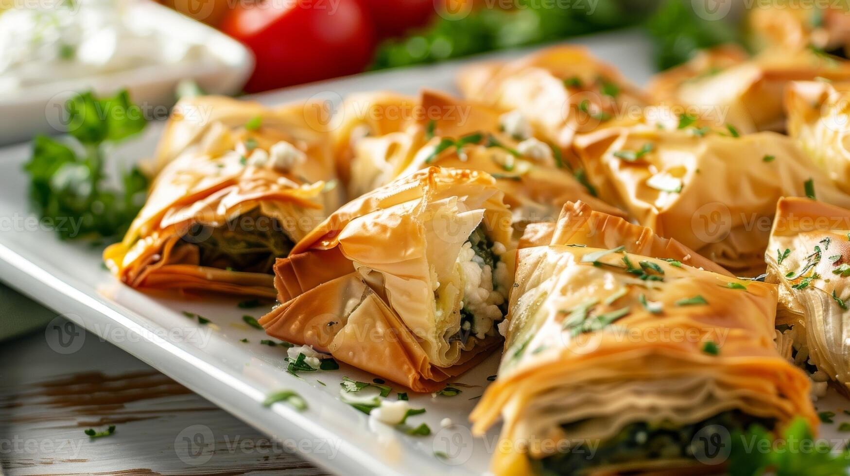 een bord van stomen heet en krokant spanakopita een populair Grieks voorafje gemaakt met spinazie en feta kaas is klaar naar worden geserveerd naar gasten foto