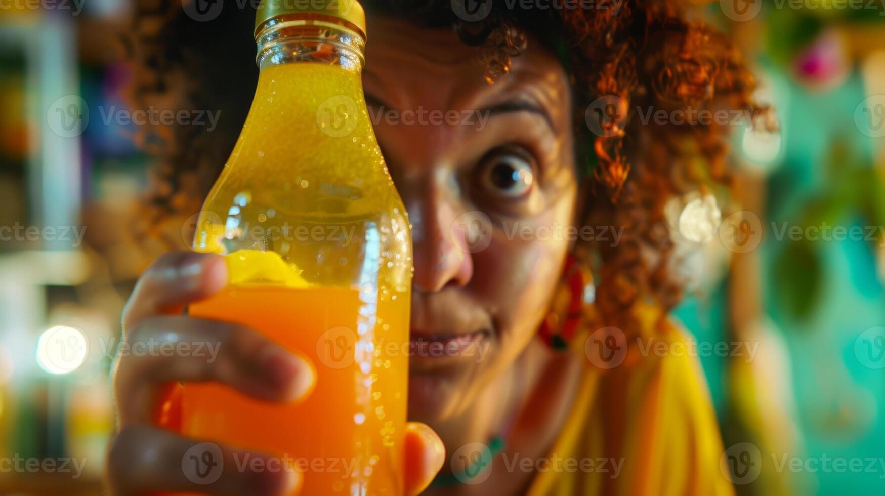 een deelnemer houdt omhoog een fles van ly Peer sap met een verbaasd uitdrukking proberen naar besluiten als het zou Gaan goed met ananas of mango foto