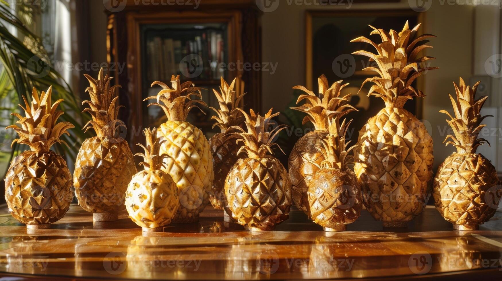 een groep van ananas houtsnijwerk rust uit Aan een tafel vangen de licht en weergeven hun uniek en grillig ontwerpen foto