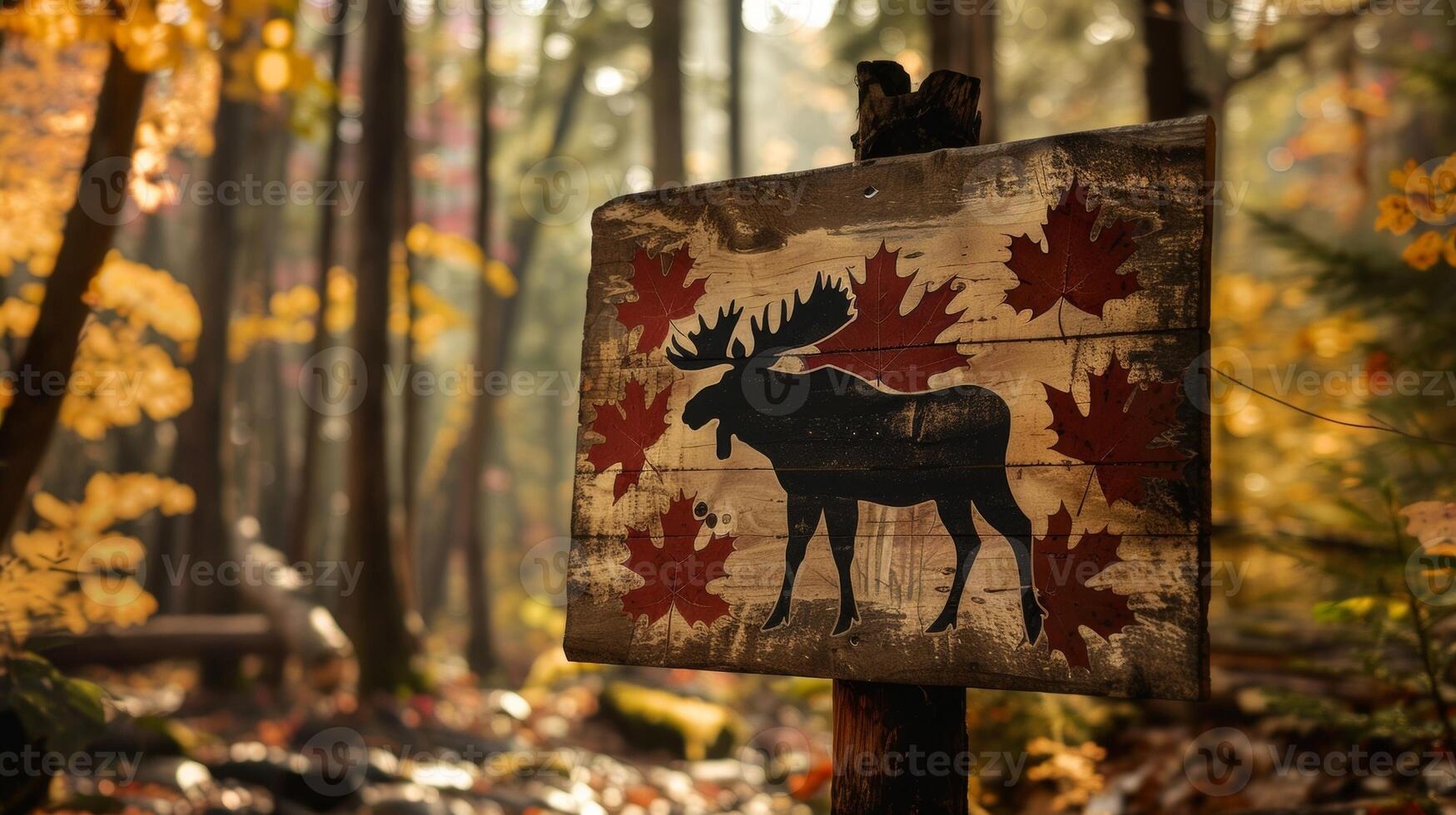 blanco mockup van herfstgeïnspireerd camping Welkom teken met bladeren en een eland silhouet foto