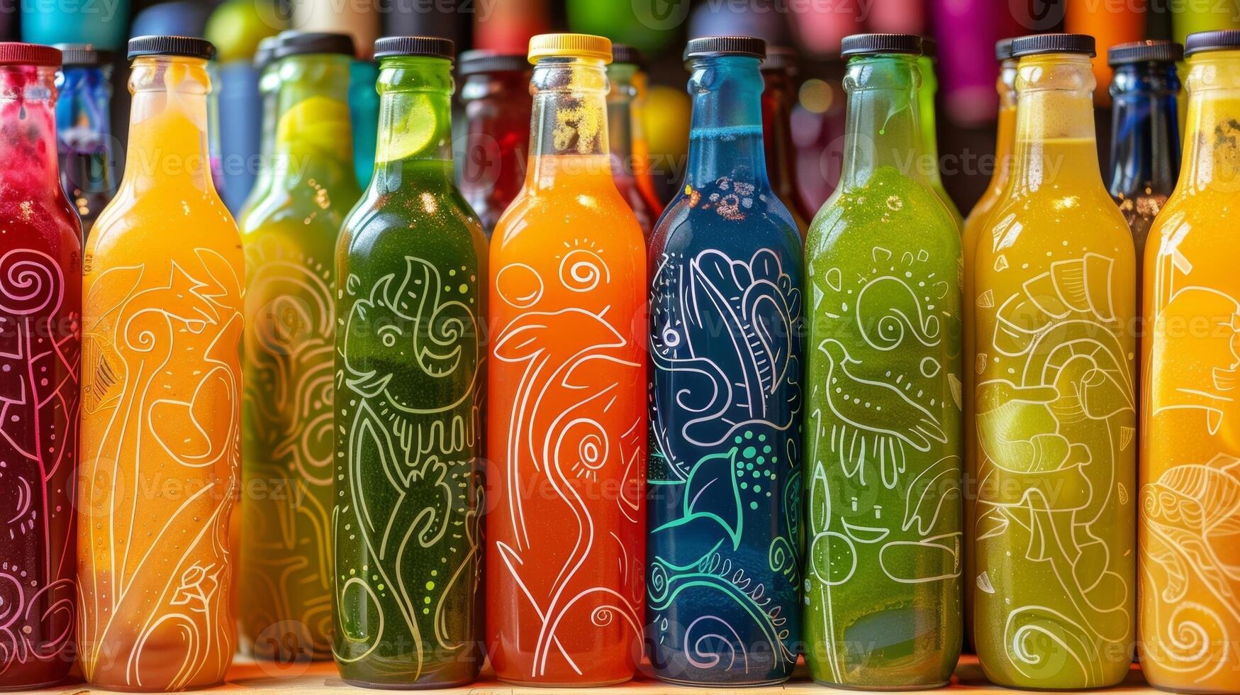 een rij van koud gedrukt sap flessen in levendig kleuren versierd met hand getekend etiketten foto