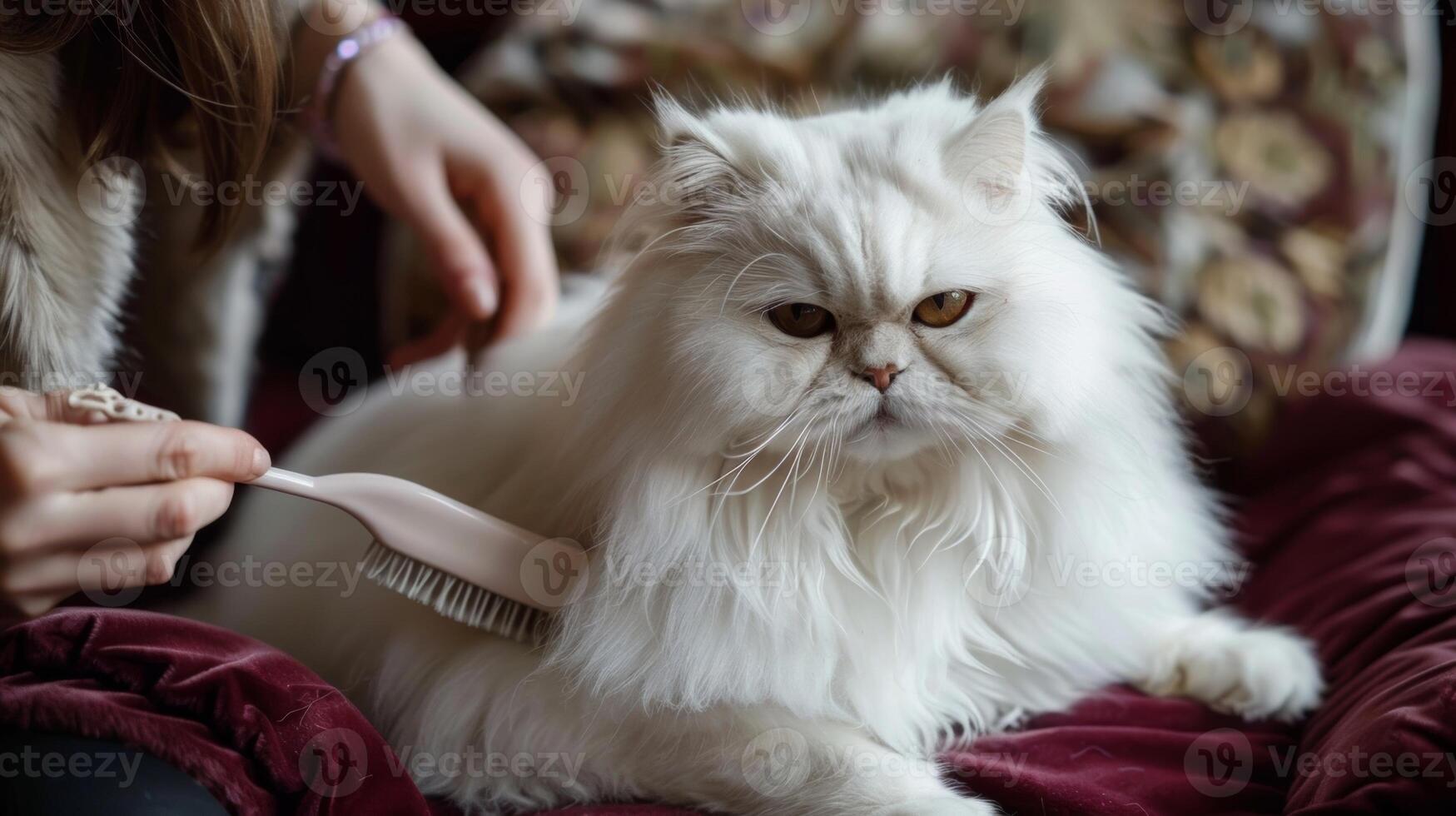 een vorstelijk op zoek Perzisch kat zit Aan een fluweel kussen ontvangen een teder poetsen met een ontwerper borstel net zo haar eigenaar voorzichtig is van toepassing een boog naar haar vacht foto
