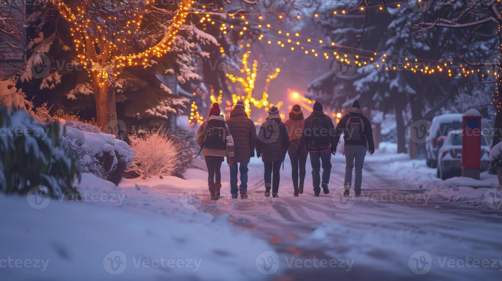 een groep van vrienden gebundeld omhoog wandelen door een besneeuwd buurt Aan hun manier naar zien een feestelijk licht Scherm foto