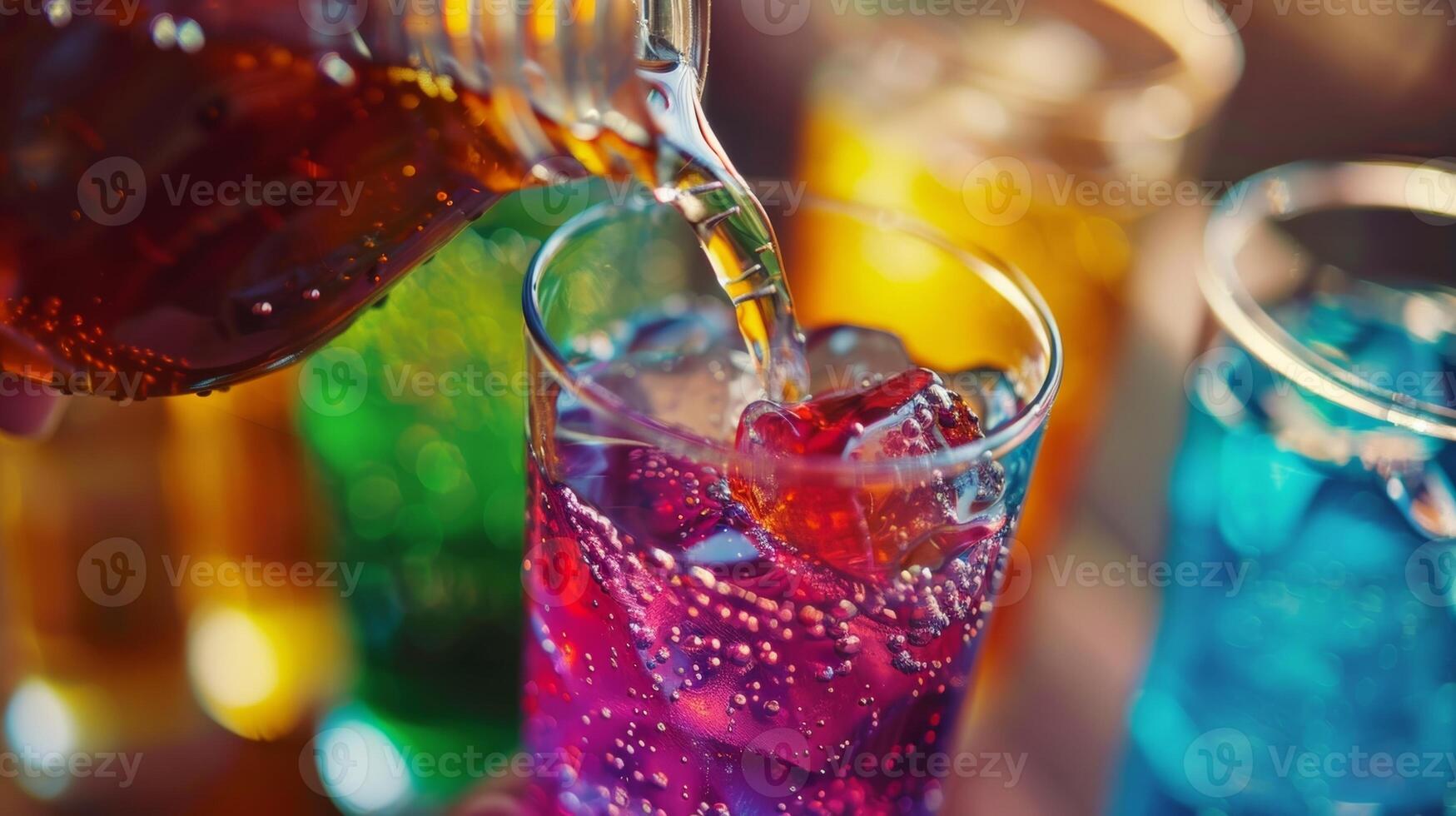 een hand- giet een levendig gekleurde Frisdrank van een glas fles in een proeverij glas foto