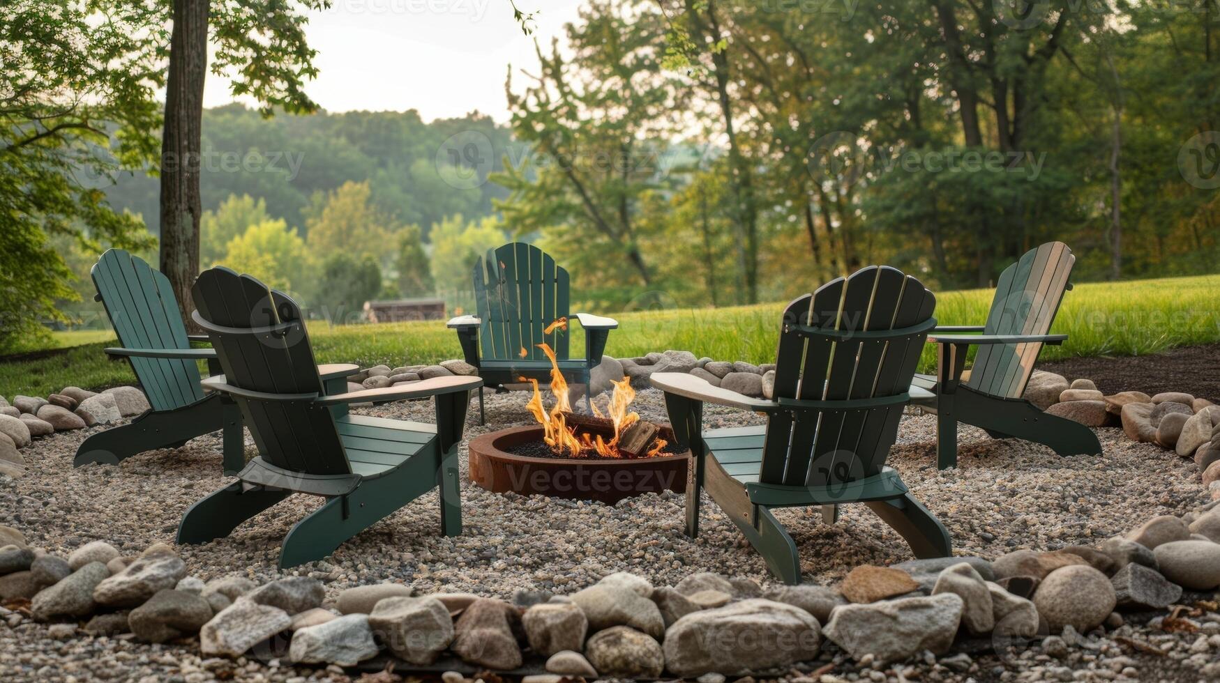 adirondack stoelen p in de buurt de brand pit uitnodigend gasten naar kom tot rust en genieten de warmte. 2d vlak tekenfilm foto