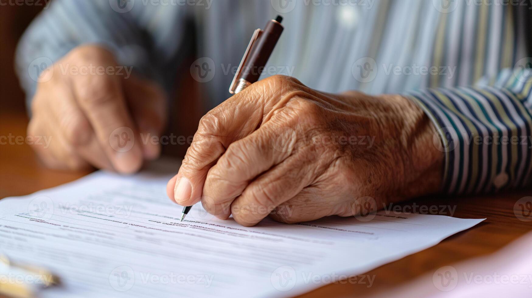 gewetensvol senior herzien en ondertekening kritiek financieel documenten voor pensioen en landgoed planning foto