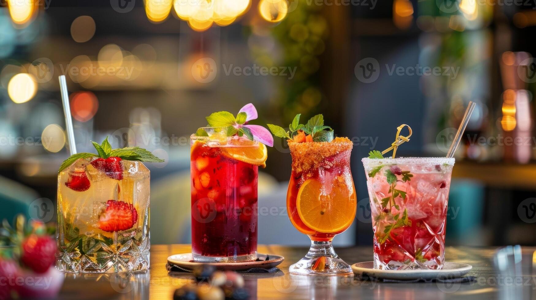 de pop-up bars menu pronkt een verscheidenheid van intrigerend en uniek alcohol vrij drankjes zo net zo een fruitig thee infusie en een y gember mocktail foto