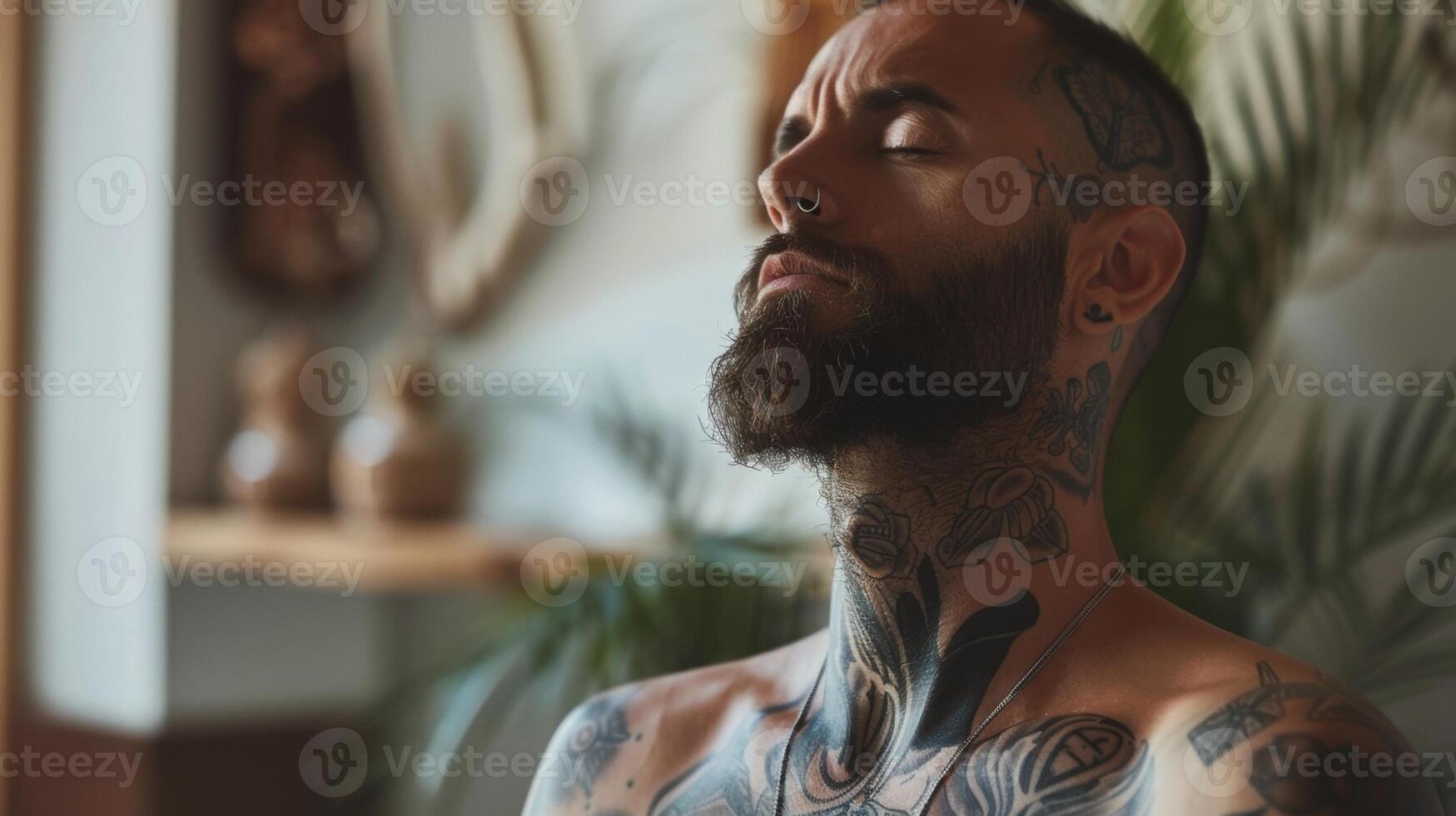 een Mens met tatoeages en een baard ademen diep en langzaam net zo hij houdt een herstellend yoga houding vinden binnenste vrede en emotioneel balans foto