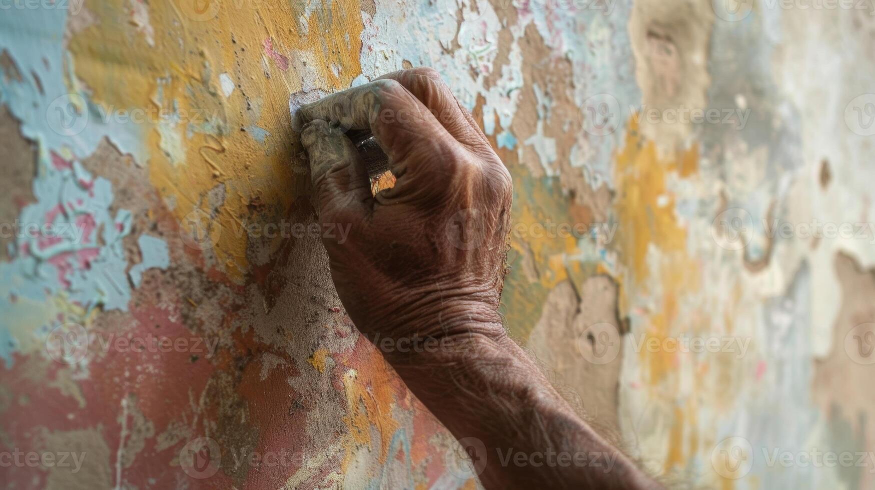 met een stabiel hand- een vakman is voorzichtig aanraken omhoog vervaagd verf Aan een historisch muurschildering brengen levendig kleuren terug naar een eens vergeten meesterwerk foto