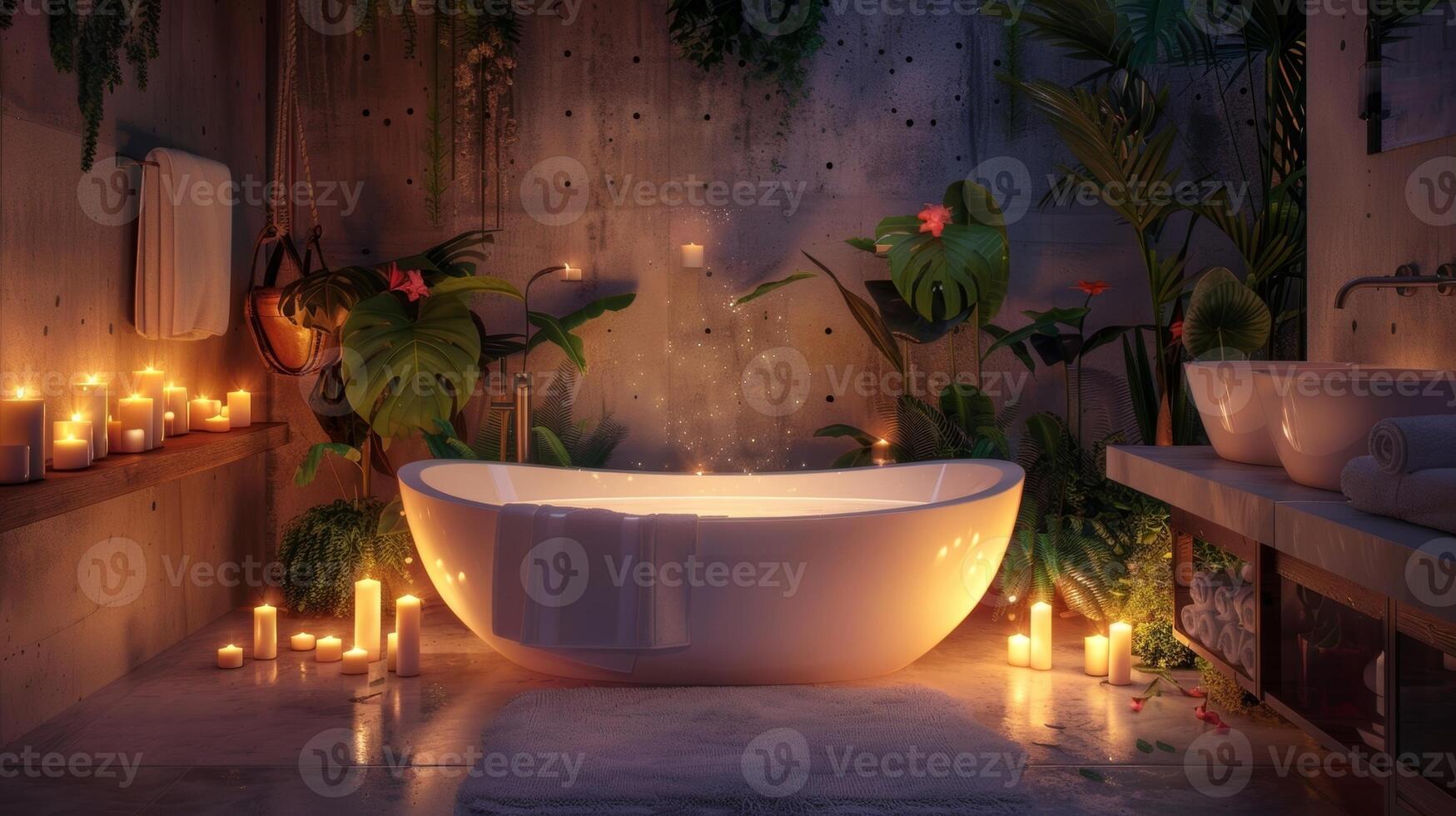 de badkamer is getransformeerd in een privaat oase met de zacht gloed van kaarsen creëren een zin van kalmte en escapisme. de problemen van de dag lijken naar smelten weg 2d vlak tekenfilm foto