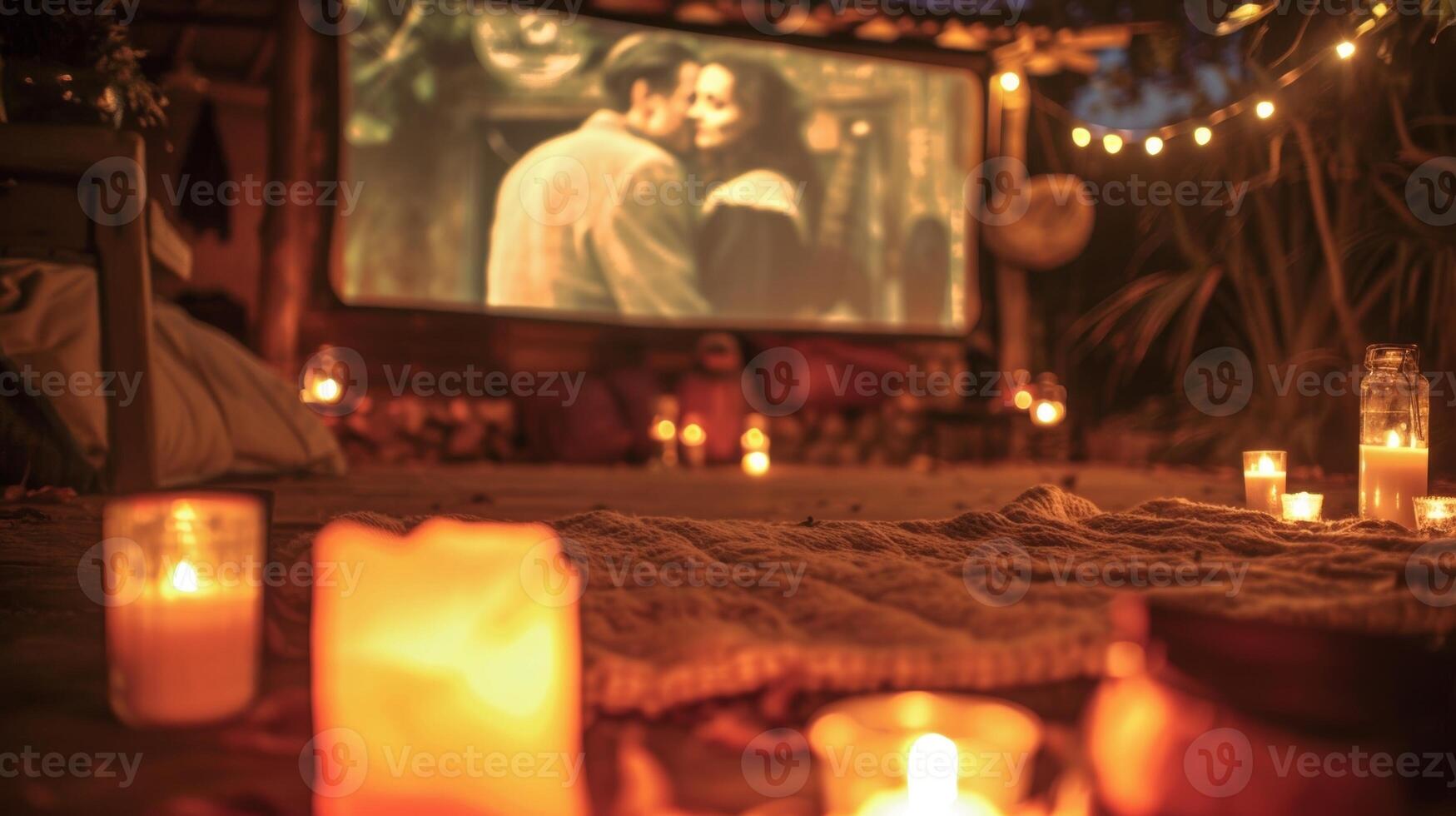 een geïmproviseerde buitenshuis theater compleet met een oubollig film scherm kaarsen en een laaiend brand. 2d vlak tekenfilm foto