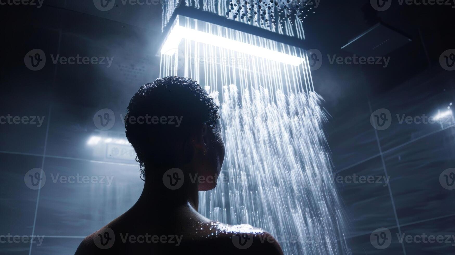 een persoon staand onder een stroom van verkoudheid water van een douche hoofd binnen de sauna innemend in een hydrotherapie techniek geloofde naar verbeteren circulatie en verminderen spanning. foto