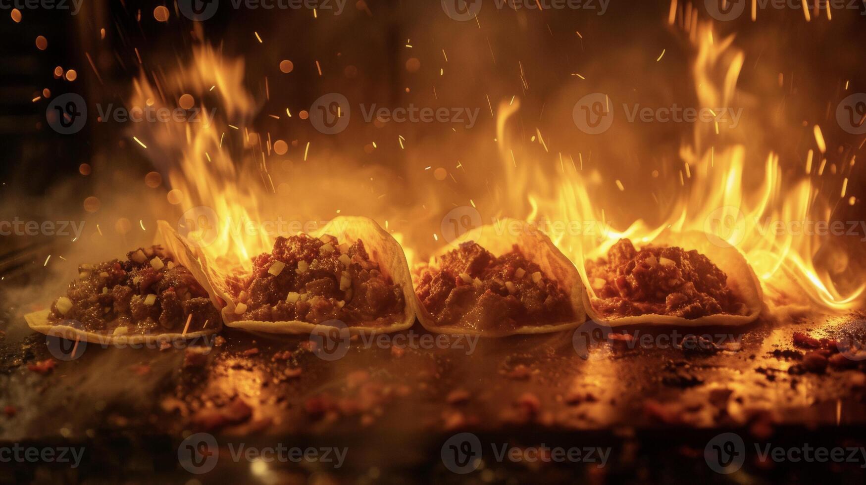 een boeiend moment gevangen genomen in een beeld net zo rundvlees taco's sissen en knal Aan een heet bakplaat omhuld in een glinsterende gloed van de vlammen onderstaand. alleen maar een kijken Bij deze foto