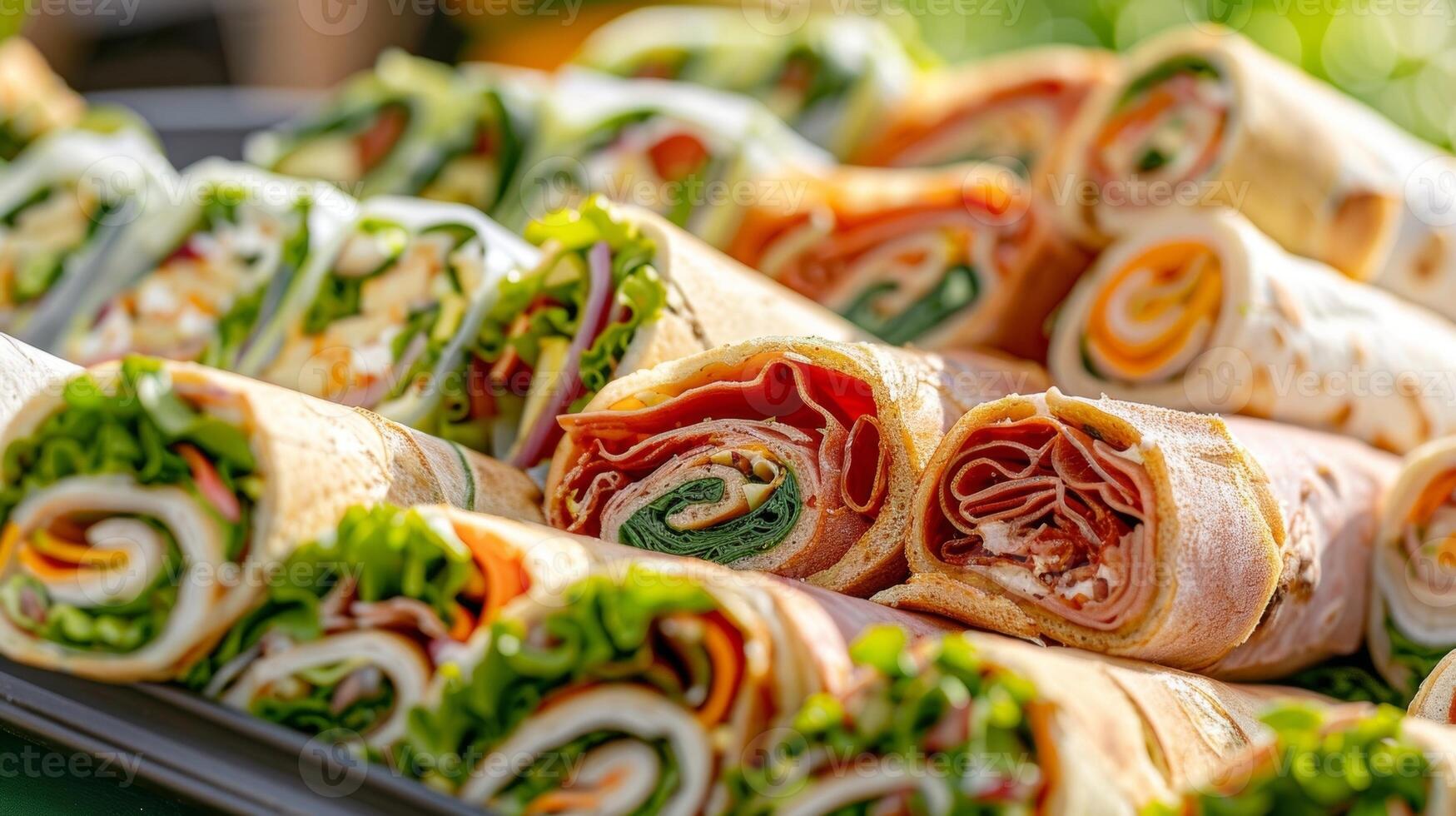 een verscheidenheid van boterhammen en wraps geregeld netjes Aan een portie dienblad perfect voor een strand picknick foto