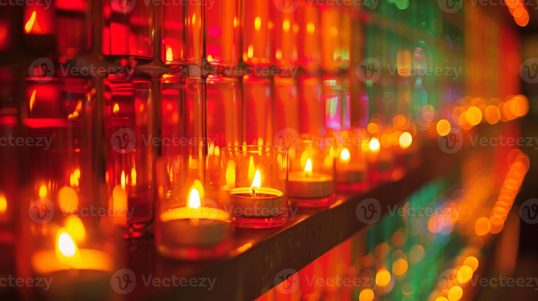 de muur van votief kaarsen voegt toe een knal van kleur en structuur naar de monochromatisch decor van de kamer. 2d vlak tekenfilm foto