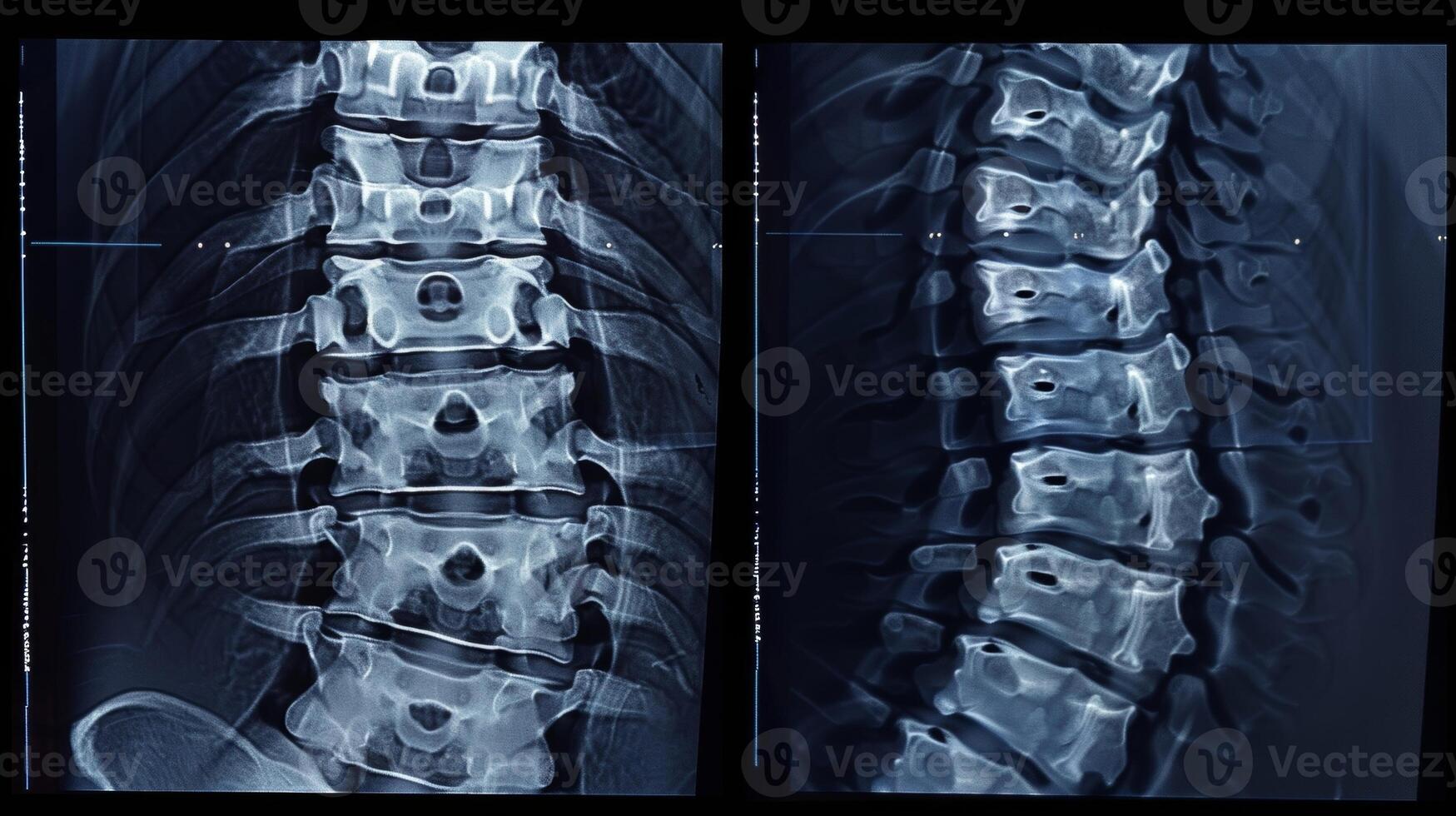 een voordat en na vergelijking foto van een patiënten spinal röntgenstralen markeren de verbetering en uitlijning na incorporeren beide chiropractie zorg en infrarood sauna sessies in hun