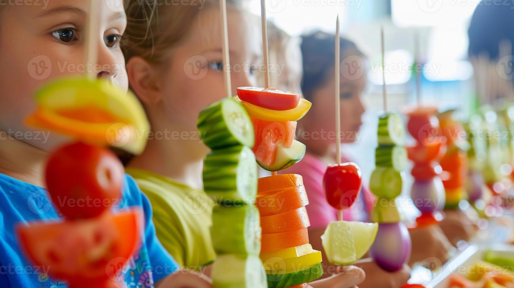 kinderen creëren kleurrijk fruit en groente kabobs aan het leren over evenwichtig maaltijden en gezond voedsel keuzes foto