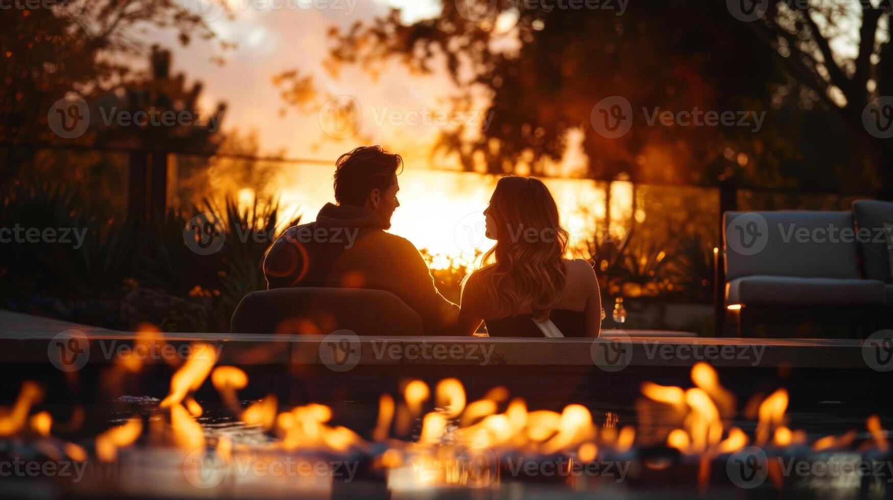 net zo de zon sets de brand duurt Aan een warmer oranje tint creëren een knus atmosfeer voor de paar naar kom tot rust in. 2d vlak tekenfilm foto