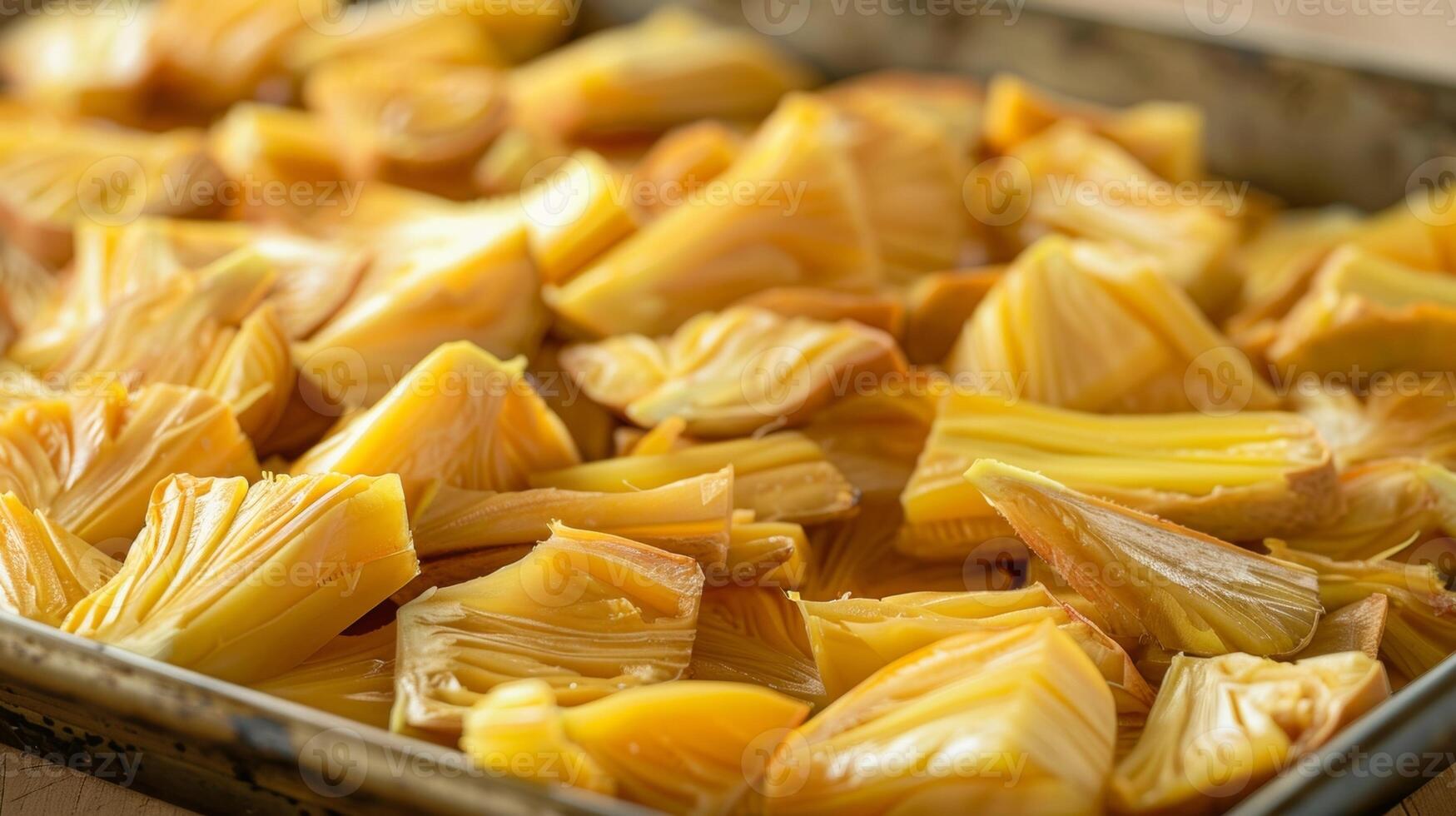 een detailopname van een dienblad van uitgedroogd jackfruit een populair tropisch fruit met een onderschrift uitleggen de stappen voor drogen en opslaan foto